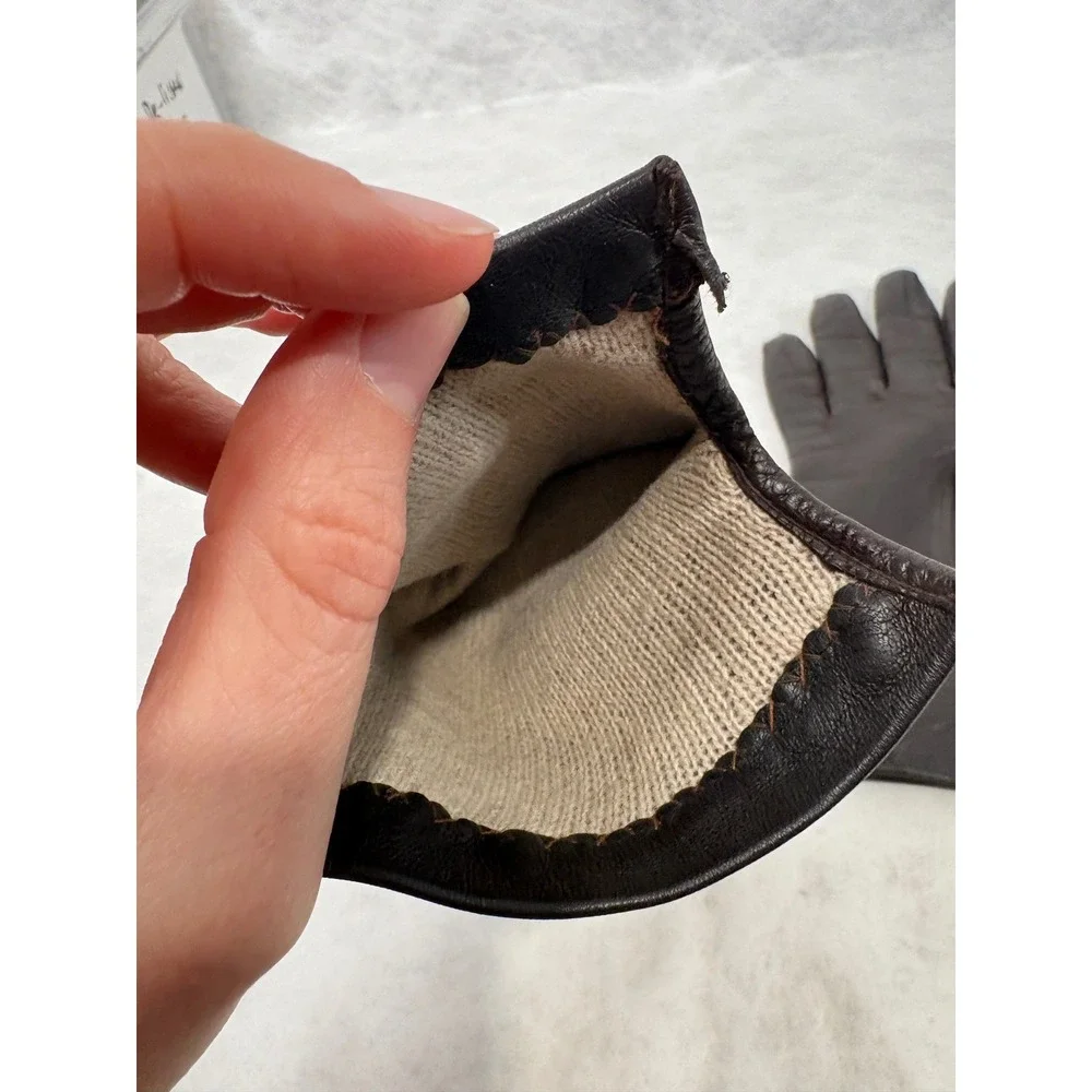 Vintage Dark Brown Leather Gloves Knit Lined Small Medium Winter Classic Brown